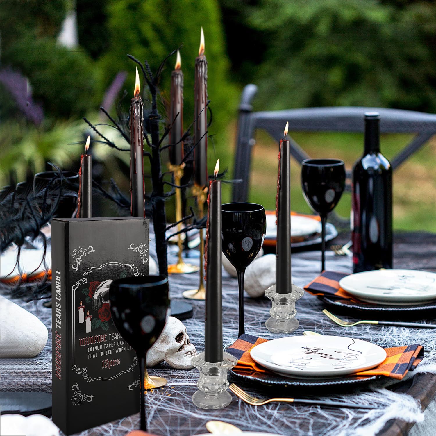 12PCS 10-Inch Black Bleeding Taper Candles,Vampire Tears Taper Candles- Unscented Ideal for Halloween, Christmas, Rituals, and T